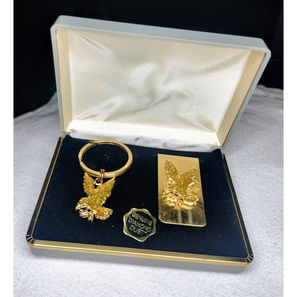 Marquis Genuine Diamond Dust Eagle Key Ring Matching Money Clip Gold Tone Metal - Picture 5 of 15